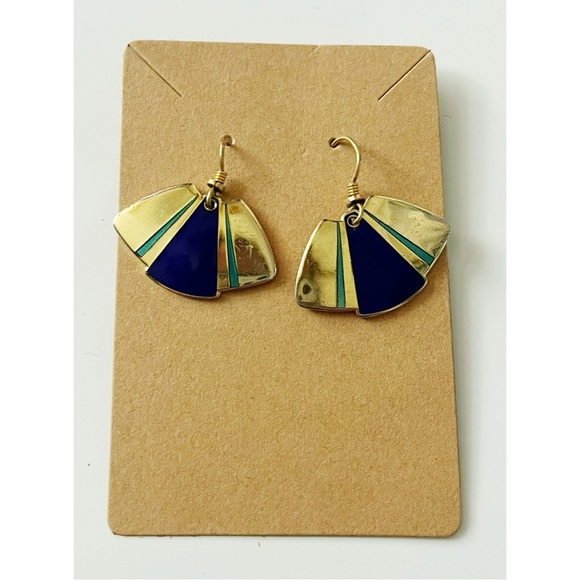 Laurel Burch • Vintage Gold and Navy Geometric Earrings - Picture 1 of 4